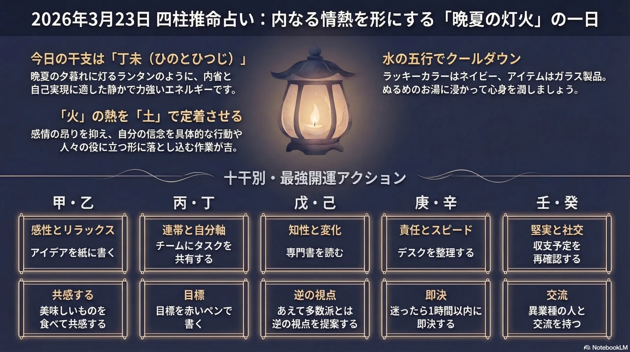 【2026年3月23日】四柱推命デイリー占い｜丁未の「晩夏の灯火」で人生が変わる！十干別・最強開運アクション